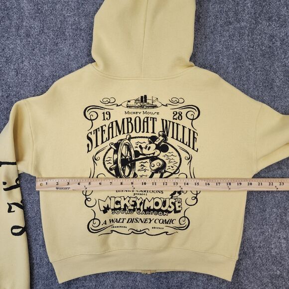 Disney Hoodie Womens Medium Yellow Mickey Mouse Steamboat Willie Disney 100 Crop - Picture 4 of 13